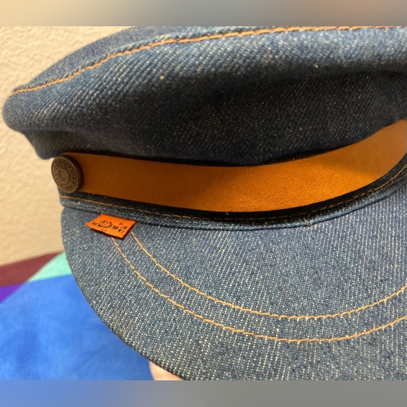 Levi’s Orange Tab Mint Vtg Denim Leather Engineer Beatnik Cap Hat - Picture 3 of 8